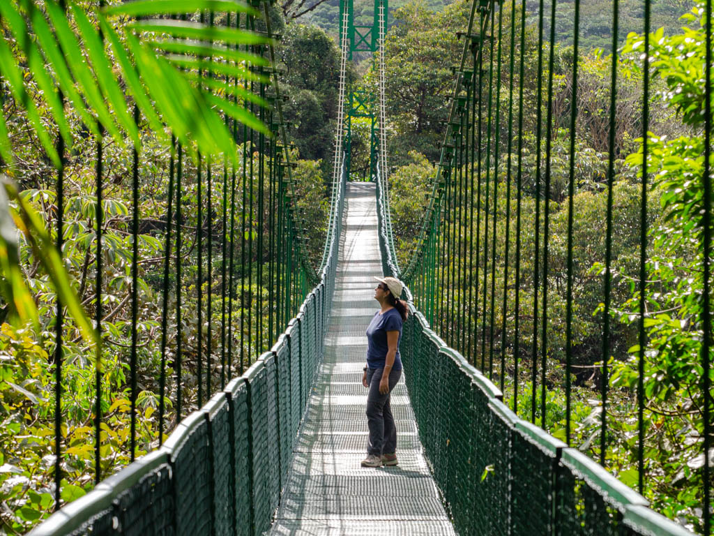 Woman standing at one of the hanging bridges at Selvatura Park, Monteverde.