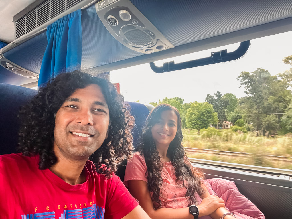 Selfie of a couple inside a public bus.