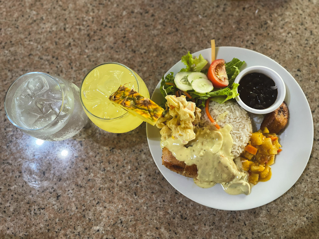 Casado with chicken in mushroom sauce, lunch served at Vandara Costa Rica, along with water and juice.