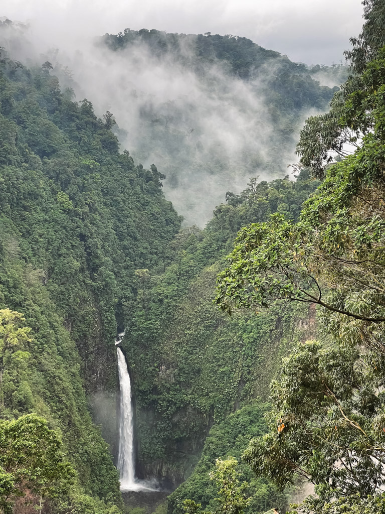 View of San Fernando Waterfall from Mirador y Soda La Cinchona