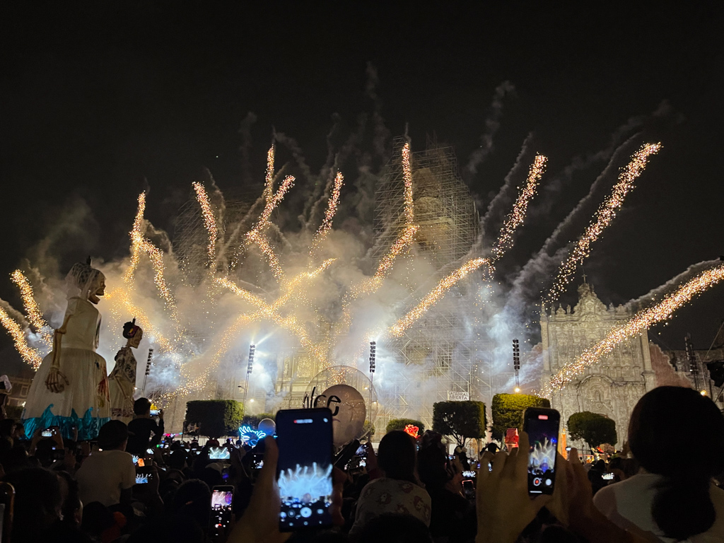 Day of the Dead Grand Parade in Mexico City ends with fireworks in Zocalo.