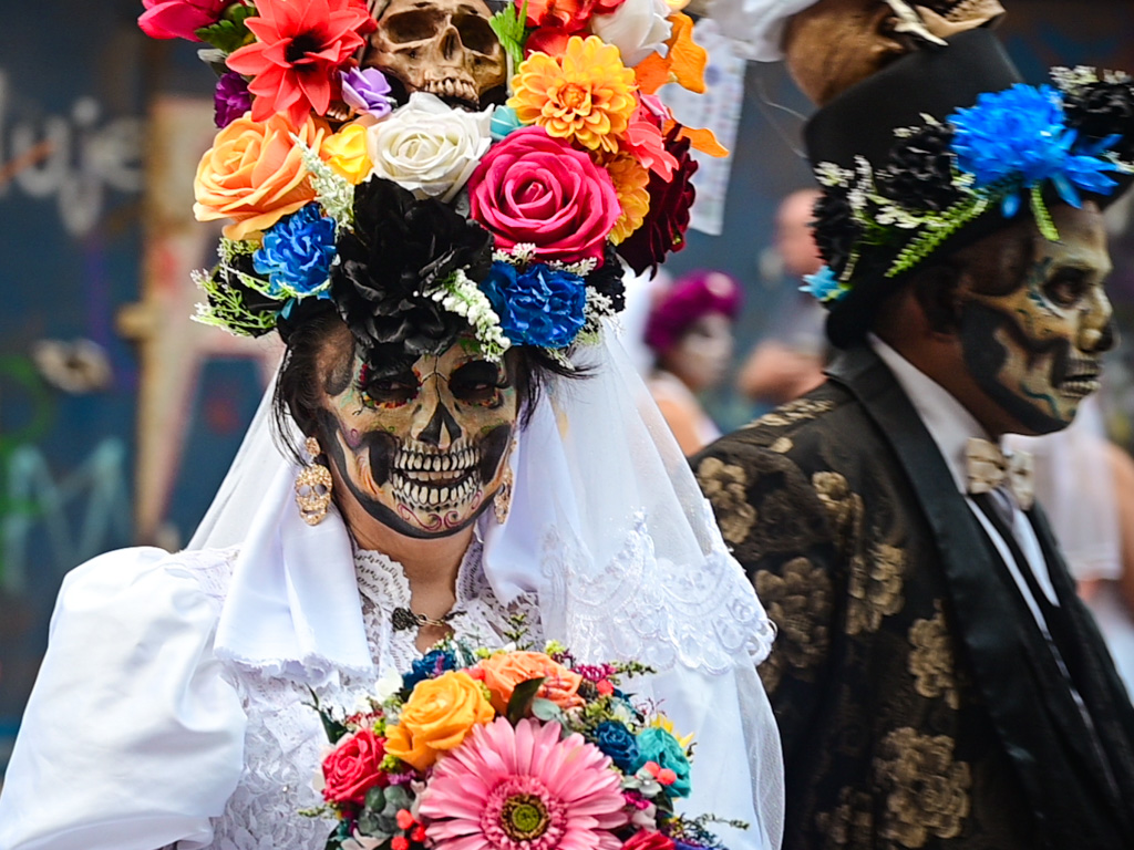 Participants at Las Catrinas Parade, a Day of the Dead event in Mexico City.