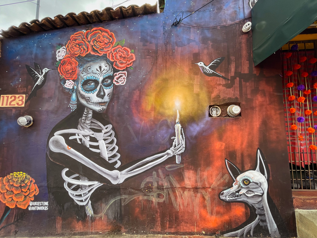 Wall mural with Day of the Dead elements in Oaxaca City.