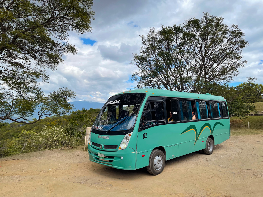 Tourist bus for visiting Monte Alban from Oaxaca.