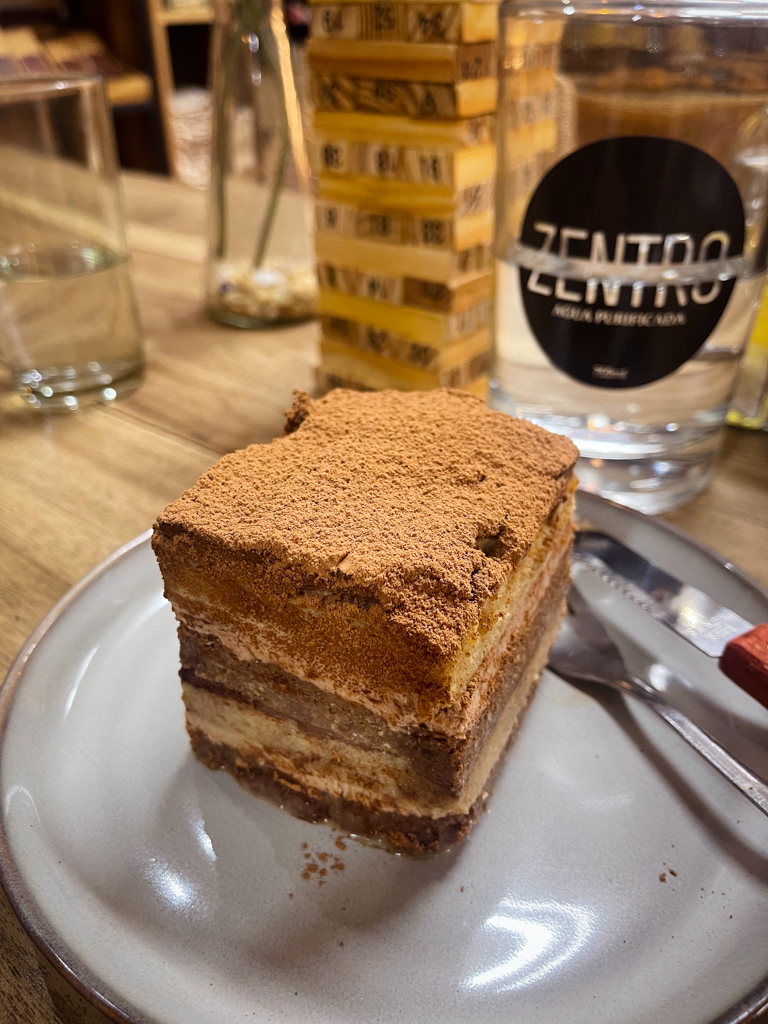 A Tiramisu cake at Chocolate Fusion - one of the budget things to do in La Fortuna, Costa Rica.